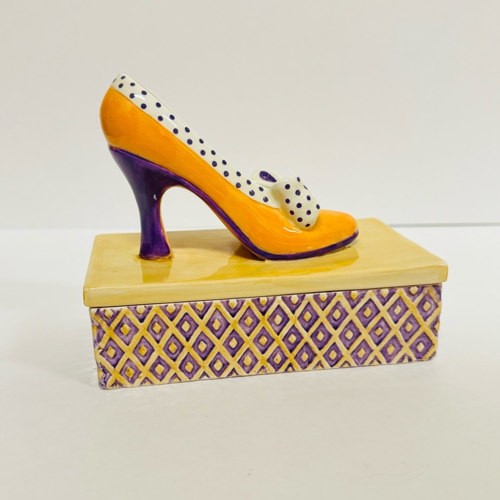 Fitz & Floyd Essentials Ceramic High Heel Trinket Box Orange Purple #2